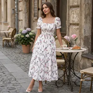 2026 New Women's Square Neck Ditsy Floral Maxi Dress, Flowy Big Swing Printed Long Dress, Casual Elegant Boho Sundress