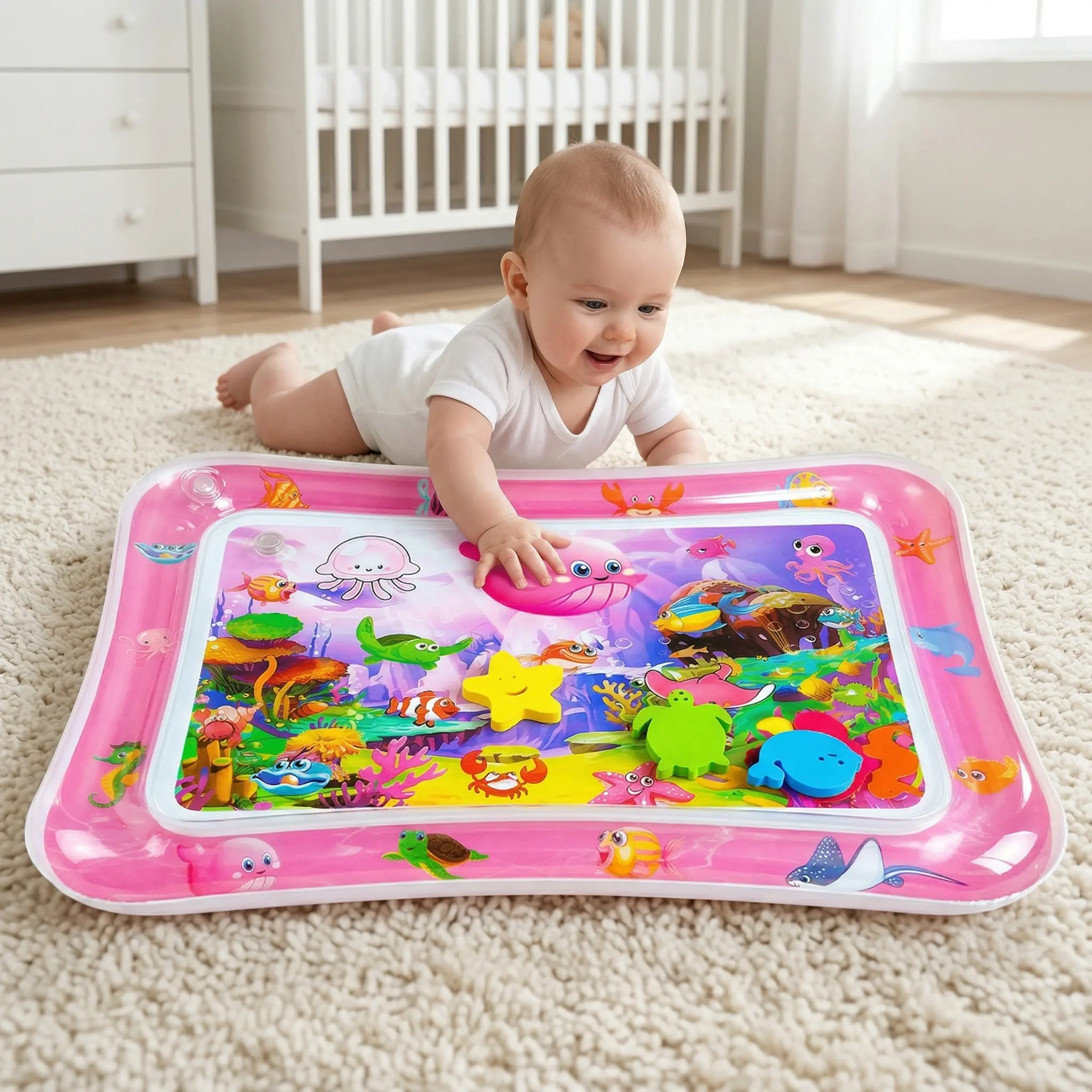 Unisex Inflatable Rectangle Tummy Time Water Mat for 3-24 Months Infants, BPA-Free Leakproof Baby Sensory Toy with Seabed Patterns, Marine Animals for Pool Play