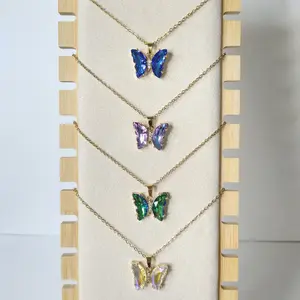 #598 Various Colors Gradient Rhinestone & Glitter Butterfly 18 inch with 2 inch Extender Necklace, Casual Jewelry, Spring, Stainless Steel, Glass