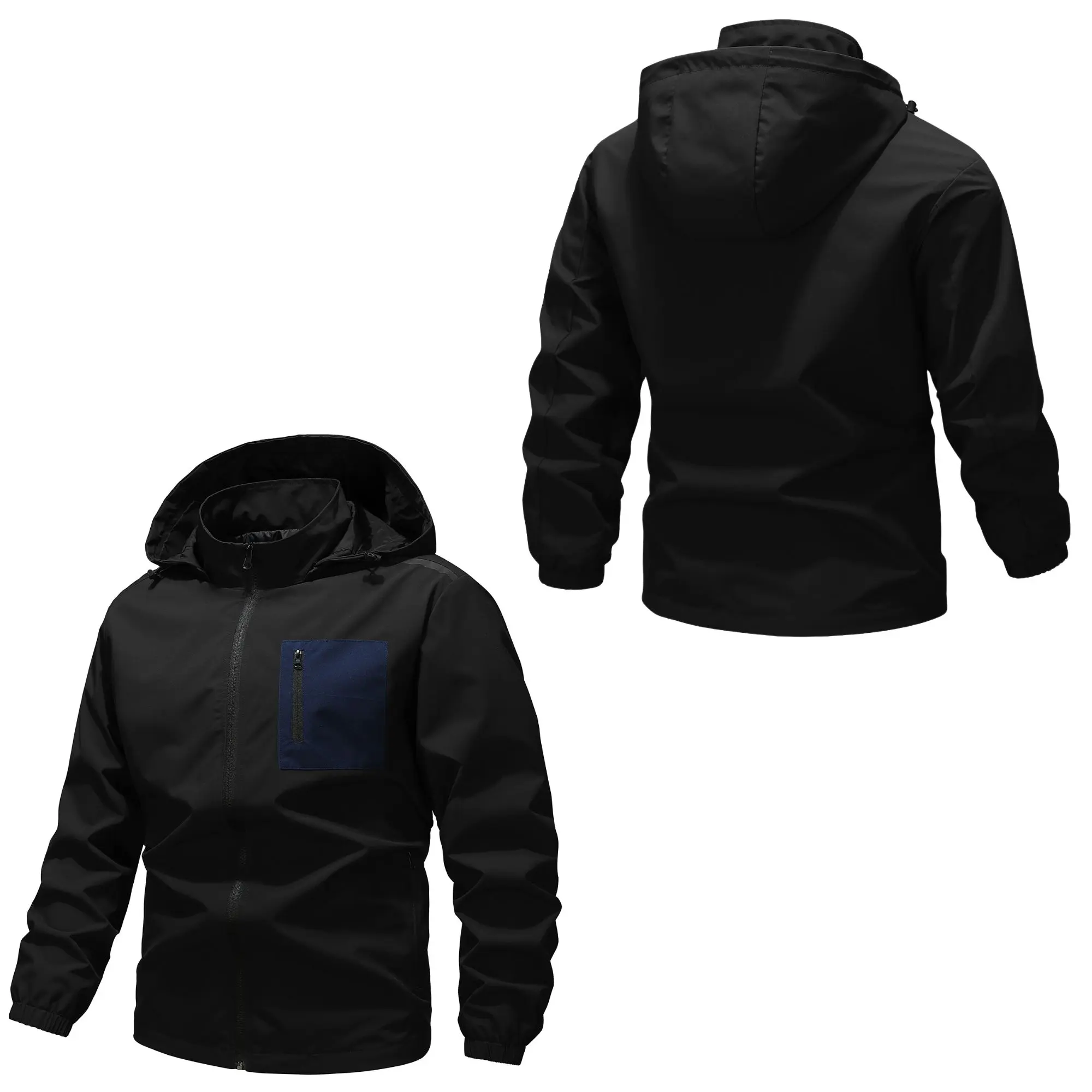 Men’s color-block square bag hooded jacket featuring a front zipper patch pocket and an adjustable drawstring hood; loose, lightweight outdoor sports outerwear