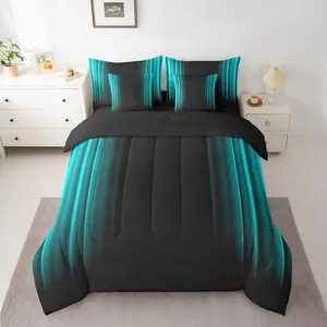 Geometric Abstract Ombre Comforter Set with Sheets,Teens,Teal and Black Striped Bedding Bed Set,Decor Modern Fashion Bed in a Bag,Bedroom Collection