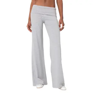 Women's Cotton Casual Comfy Baggy Wide-Leg Pants - Spring-Summer Solid Color Lady Foldover Waist Loose-Fit Casual Fashion Trousers