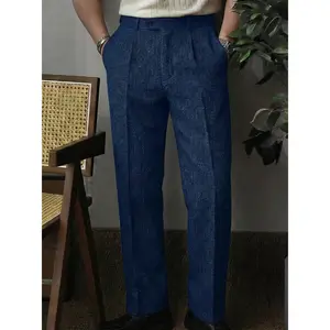 Men's Herringbone Tweed Suit Pants – Vintage No-Pleat, Straight-Fit Long, Mid-Waist, Great for Business Office, Formal Dinners, Workplace Annual Gatherings, Industry Summits, Business Trips