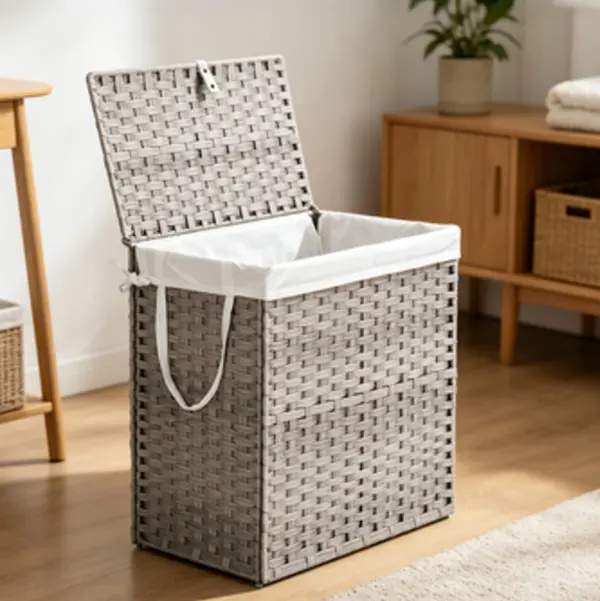 110L Modern Waterproof Rectangle Rattan Clothes Laundry Basket with Lid, Built-in Divider, Hand-Woven PP Material, Removable Machine-Washable Liner, Foldable Handles for Bedroom, Laundry Room