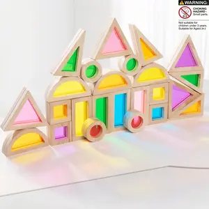 Wooden Acrylic Rainbow Building Blocks Set, Shape Sorter, Preschool Sensory Toy, Montessori Educational Toy for Kids Aged 3-5, Christmas Gift Idea