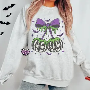 Pumpkin Cherries Tee or Sweatshirt- Unisex-Ash Gray-Halloween - Sublimation Printed Fabric Womenswear