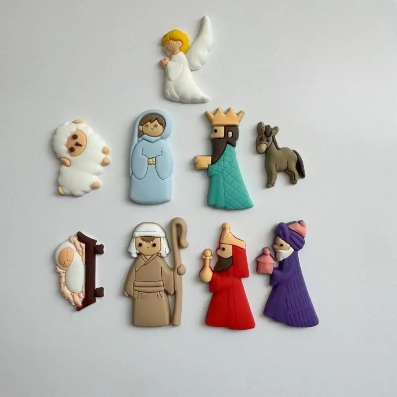 Mini Nativity Christmas Figurines Design Ornament, 9 Counts Self-adhesive Non-magnetic Christmas Decorations, DIY Small Accessories for Fridge & Phone Case