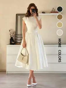Women's Casual Fashion Dress Spring Summer New Pure Color Solid Elegant Vintage Long Puffy Dress, French Waist Cinched Dress for Wedding Date Outing