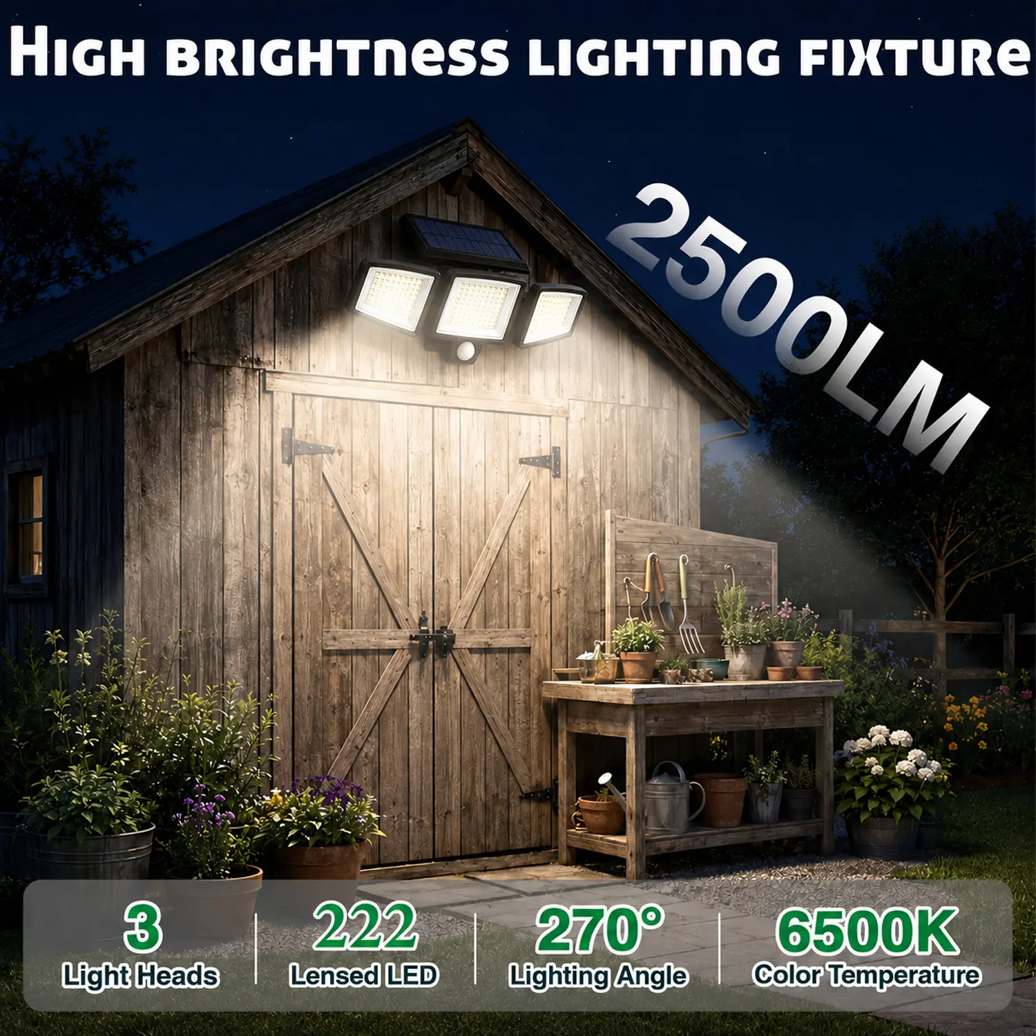 222 LED Solar Motion Sensor Lights Outdoor, 2500LM 3 Heads Solar Security Flood Light with Remote, IP65 Waterproof 270° Wide Angle Wall Lamp, 3 Modes for Garden Porch