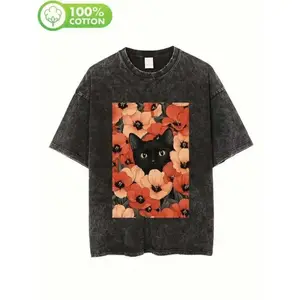 Vintage Black Cat Floral 5XL Plus Size T-shirt for Women Casual Cartoon Washed Cotton Tops Retro Dark Style Halloween Nights Fall Cafe Fit Round Neck Menswear Tshirt