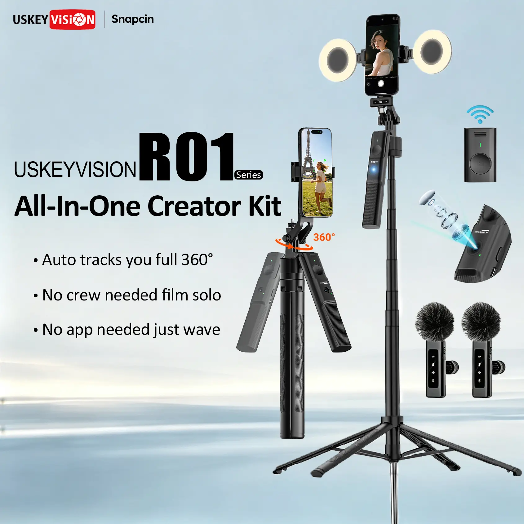 70 inch Smart Ai Face Tracking Tripod,Equipped with microphone and fill light,For iphone and Android Smartphone,360 degree rotating travel selfie stick stand