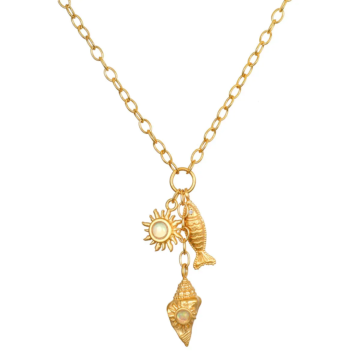 Healing Light Ocean Charm Shell, Fish and Sun Opal Charm Necklace