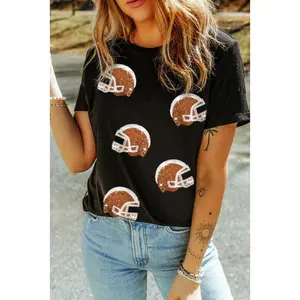 Black Sequin Rugby Football Helmet Graphic Crewneck T Shirt