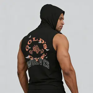 Gold GYM Wolf Icon Men's Sleeveless Hoodie Tank Top 100% Polyester Casual Gym Vest with Pocket Loose Fit Summer Shirt