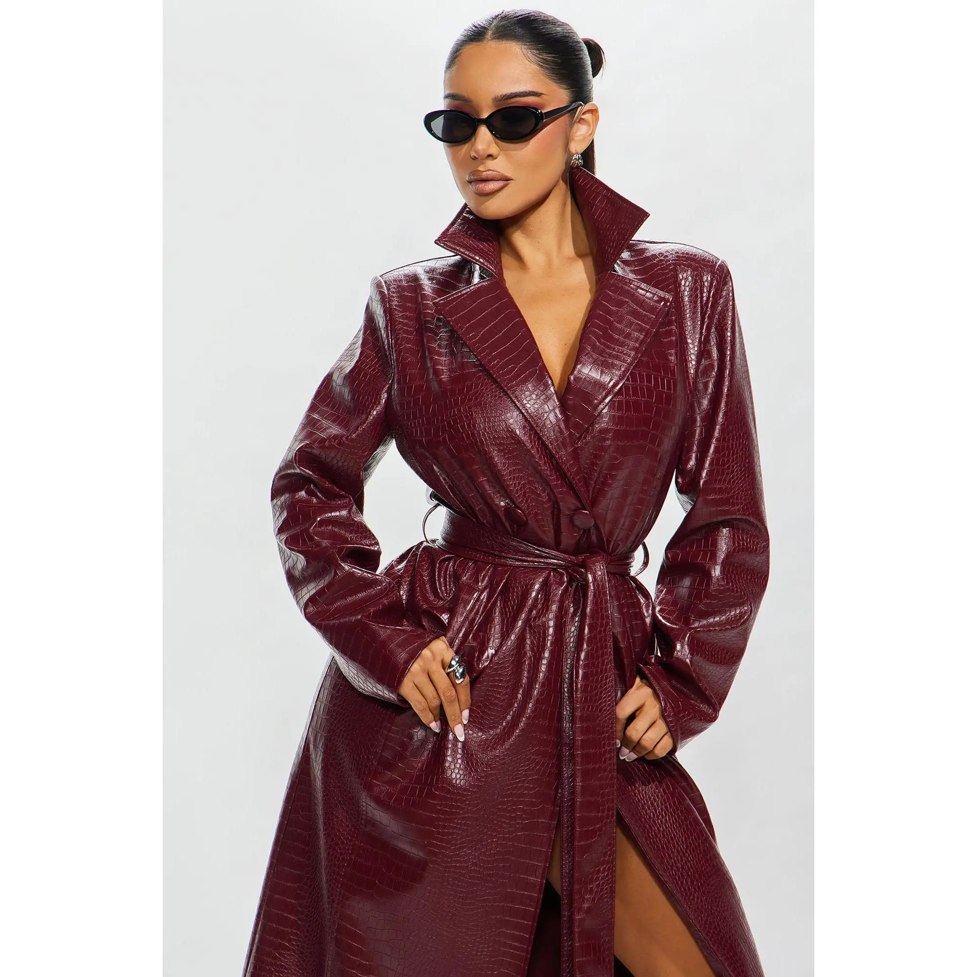 Victoria Faux Leather Trench Coat - Burgundy