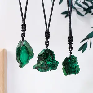 Women's Natural Malachite Raw Stone Slice Pendant Necklace with Irregular Handwoven Chain, Natural Crystal Jewelry Gift for Her
