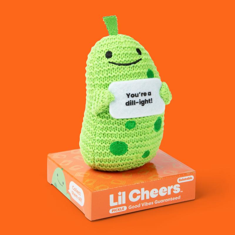 Lil Cheers Pickle Crochet Plush with Positive Sign - Funny Valentine Gift for Friends, Cute Desk & Office Decor, Sour Sweet & Supportive