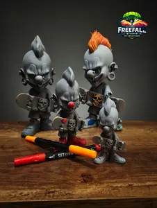Ollie the Skater Clown, from Freefall Studios Designed to stand out and built for creativity—each piece is 3D printed and ready for you to bring to life with paint. Don't let the Mohawk fool you. Customize it Display it Make it yours.