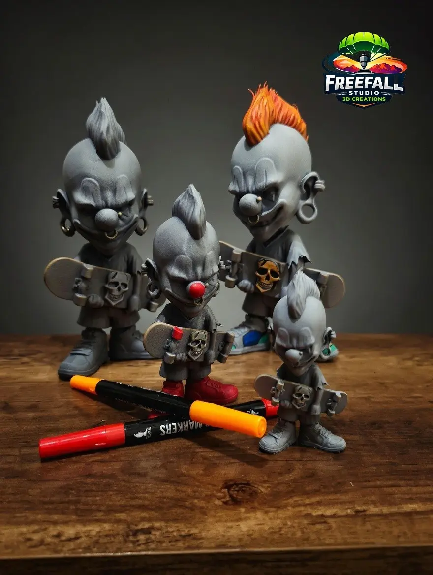 Ollie the Punk Skater Clown Figure - Freefall Studios 3D Printed Paint-Ready Customizable Toy, Limited Gift for Clown & Skater Fans Ages 12+, Standout Design for Shelf Display