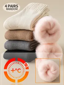 2/4 Pairs Women's Warmth-Enhancing Fine Knit Mid-Calf Socks, Winter Fleece Lined Thicken Thermal Snow Socks, Random Colors, Essential for Cold Seasons, Comfortable & Warm Socks