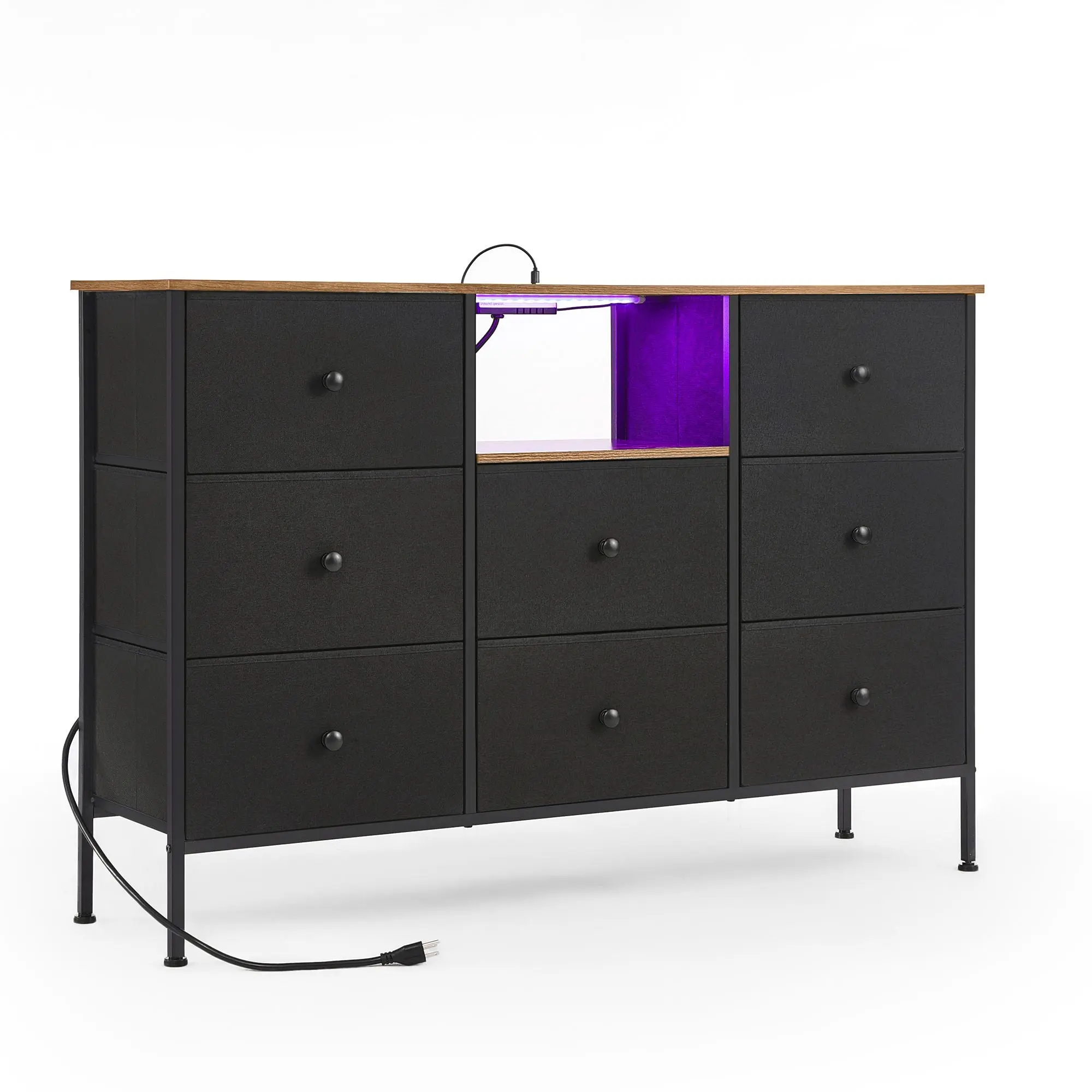 SONGMICS 8-Drawer Fabric Storage Cabinet, Bedroom Drawer Cabinet with Oxford Fabric, Power Outlets, LED Lighting, TV Stand for Up to 60-Inch TVs, Durable
