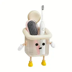 Cute Kawaii Cartoon Toothbrush Holder Wall Mounted. Funny Clear Bathroom Organizer Vanity Storage Box for Makeup Brushes Comb. No Drill Adhesive Home Decor Kids Dorm Desk Gadget Bathroom Accessory.