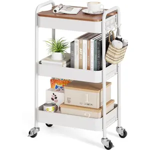 3-Tier Rolling Cart with Table Top, Metal Storage Cart  Wheels, Utility Organizer with Wooden Tray, Lockable Casters, Easy Assembly for Bathroom, Living Room, Office, Kitchen, White