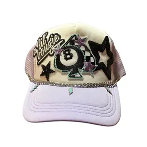 Trucker Hat with Embroidered Patch and Chain Detail