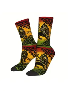 BIIHUI-DIA Rasta Lion of Judah Socks - Vibrant Polyester, All-Over Print, Hand Washable - Colorful Lion & Floral Design with