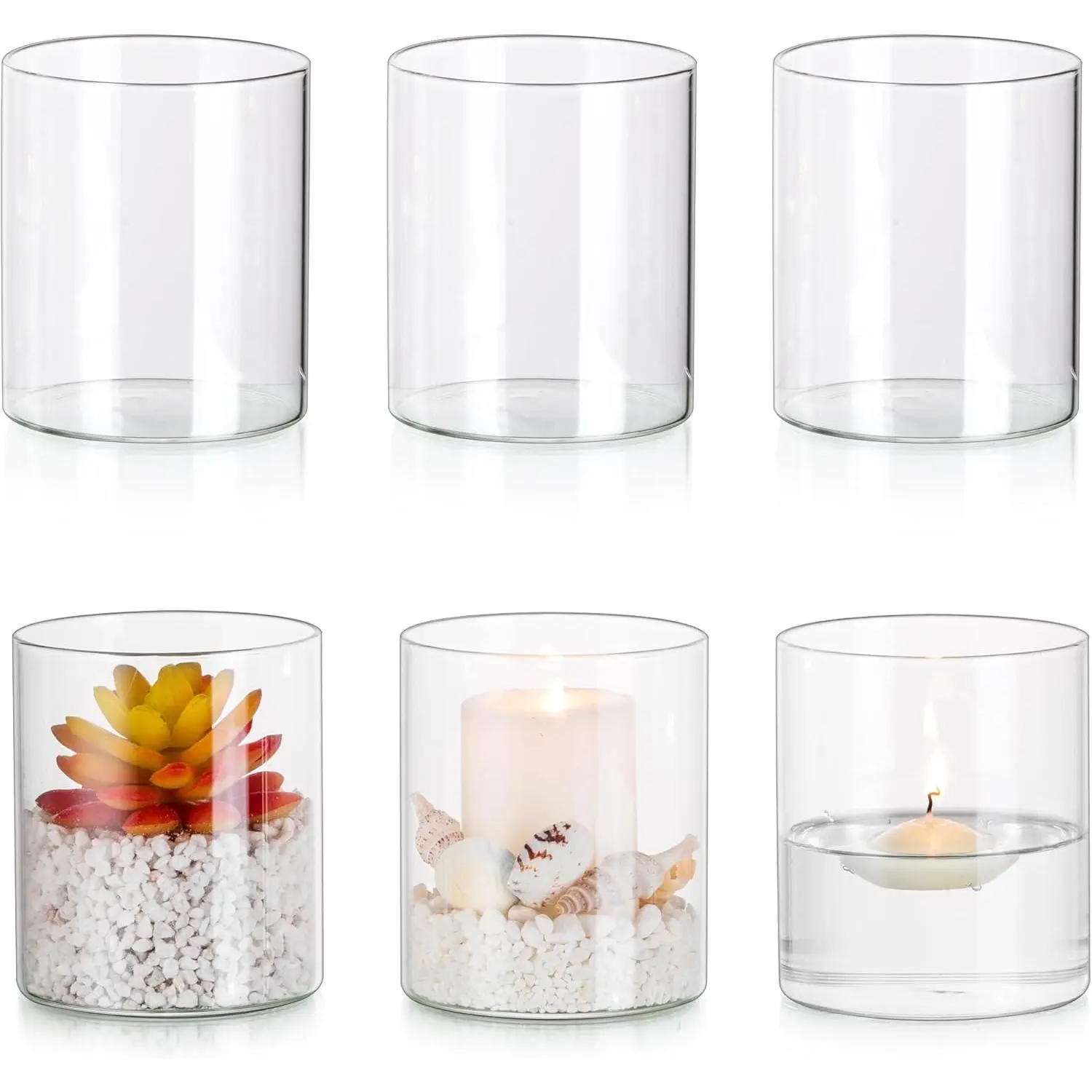 Hurricane Glass Candle Holder Set of 6, Cylinder Clear Candle Holders for Pillar Floating Candles, Modern Cylinder Vases for Wedding Table Centerpiece Decorations 4inch