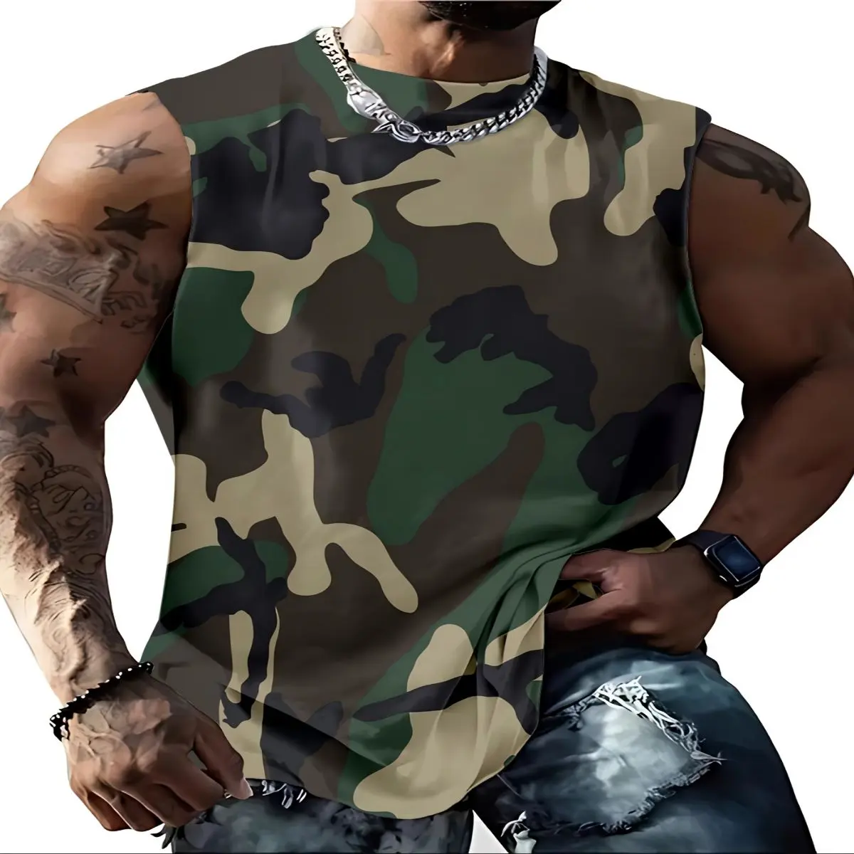 Men's Plus Size Sleeveless Camo Tank Top - Army Green & Black Print, Casual/Sporty Style, Lightweight Summer Shirt for Outdoor Activities, Casual Sportswear, Sporty Design, Comfortable Fit, PLUS SIZE