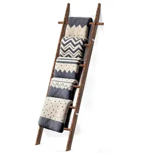 Wooden Blanket Ladder with Removable Hooks, 6-Tier Rustic Blanket Rack Decorative Stand, Leaning Towel Quilt Rack Holder for Bathroom Living Room Decor Brown