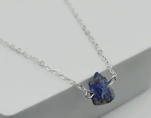 Silver tone Lapis Lazuli Small Raw Crystal Necklace - Minimalist Gifts, Summer Jewelry