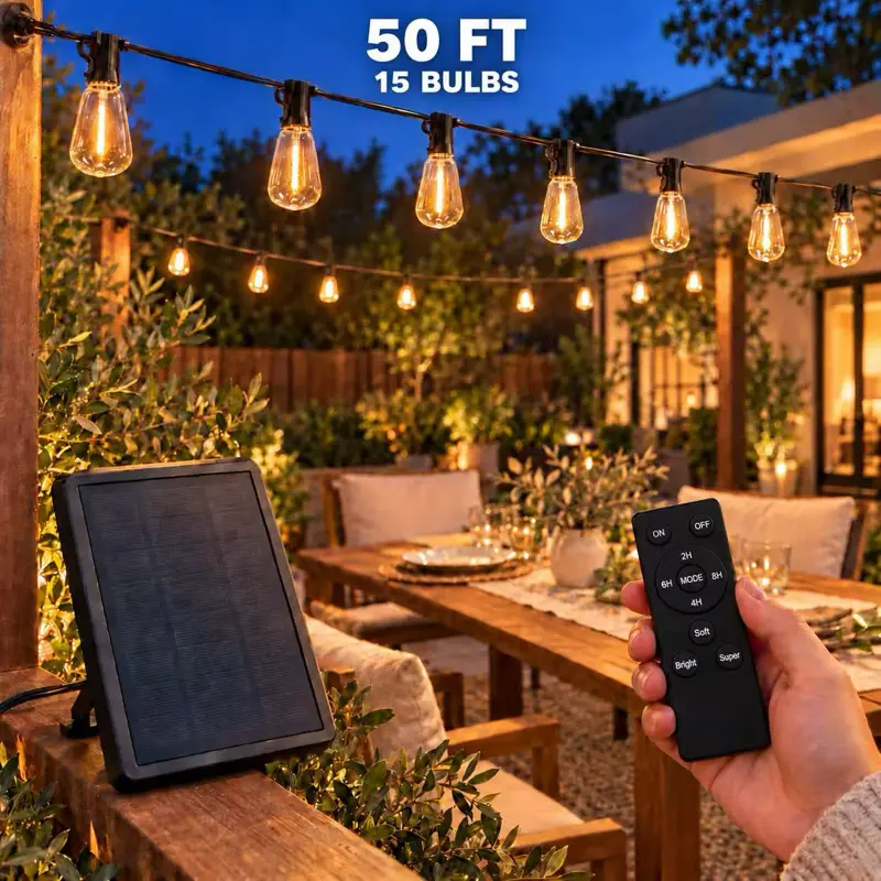50FT solar outdoor string lights with remote ,15bulbs