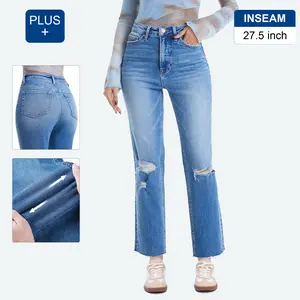 PLUS SIZE Women's High Rise Straight Leg Jeans Ripped Denim Pants With Raw Hem Casual Outfits For Spring & Summer Baggy Oversize Loose Streetwear Bottom Trouser Womenswear Chic Twist