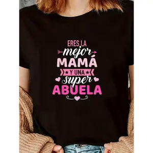 Women’s black Mother’s Day T-shirt with pink letter print—Best Mom design, short sleeves, crew neck, comfortable polyester blend, machine washable, perfect gift for mom, all-season apparel | Mother’s Day theme | stretchy fabric
