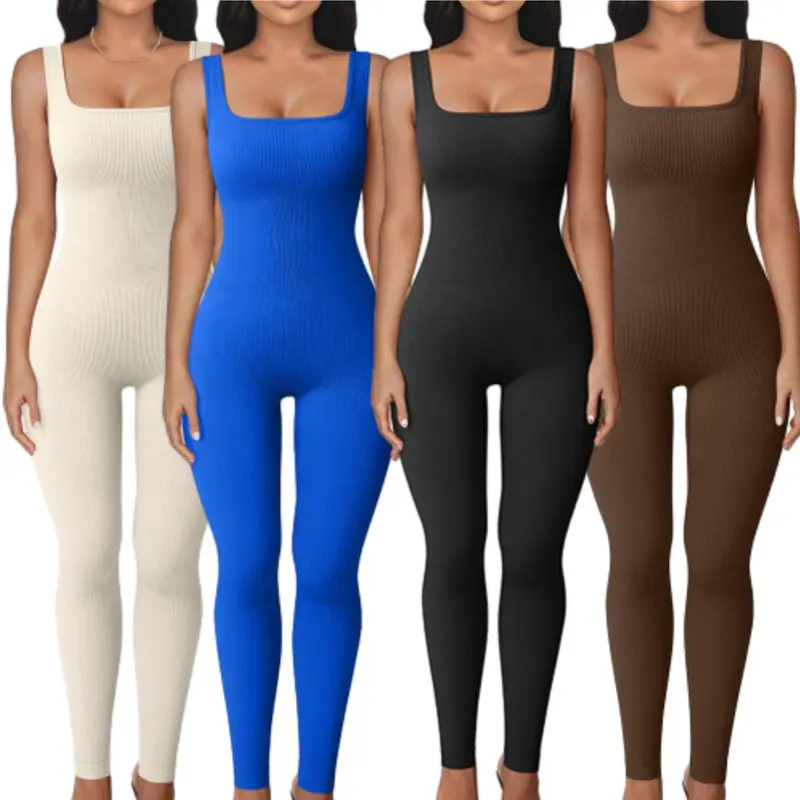 Arsoxy Women's Seamless Square Neck Sporty Comfy Jumpsuit, Quick-Drying High-Elasticity Stretchable Activewear, Workout Gym Clothing for Yoga & Fitness