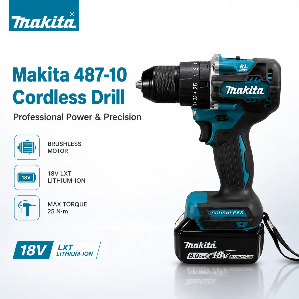 Makita 487-10 18V Brushless Motor Cordless Drill Driver Kit, 10mm Chuck, 50N.m Max Torque, 2-Speed, 25-Torque Settings, 6.0Ah Battery, for Wood & Metal Drilling, Screw Driving, DIY Projects, 6.0Ah Battery Kit