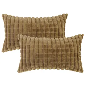 REGALWOVEN 2pcs Checkered Faux Fur Plush Throw Pillow Covers Solid Soft Fuzzy Cozy Decorative Pillowcases for Home Decor Sofa Couch Bedroom Living Room 12 x 20 Inch Light Brown