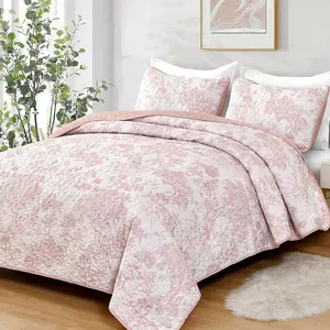Quilt King Size, 3 Pink Floral Plants Printed Bedspread Coverlet Lightweight Microfiber Botanical for (104"x90")