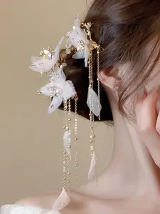 Elegant Women's Hair Clip with Rhinestones, Fabric Pearl Flower Petals, Tassel Design, Perfect for Special Occasions