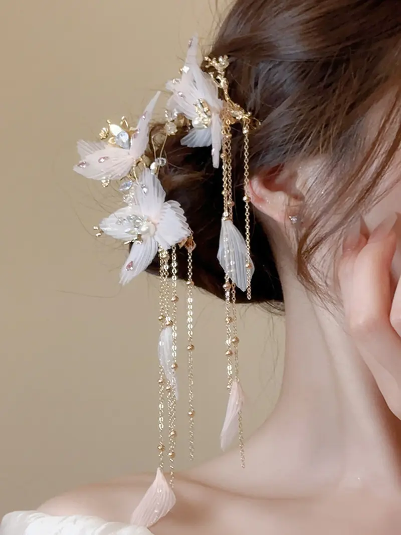 Butterfly imitation pearl crystal tassel hair clip, small  display picture 2