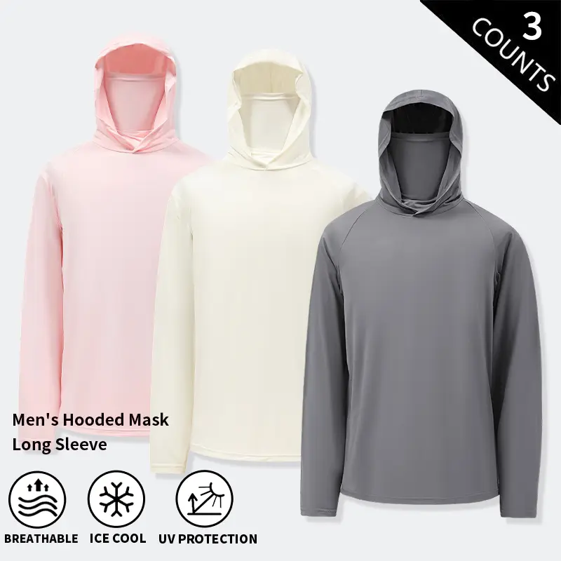 Men’s 3-Pack Hooded Sun Hoodie, Ice-Cool Breathable Long-Sleeve Rash Guard with Face Mask for Outdoor Fishing and Cycling