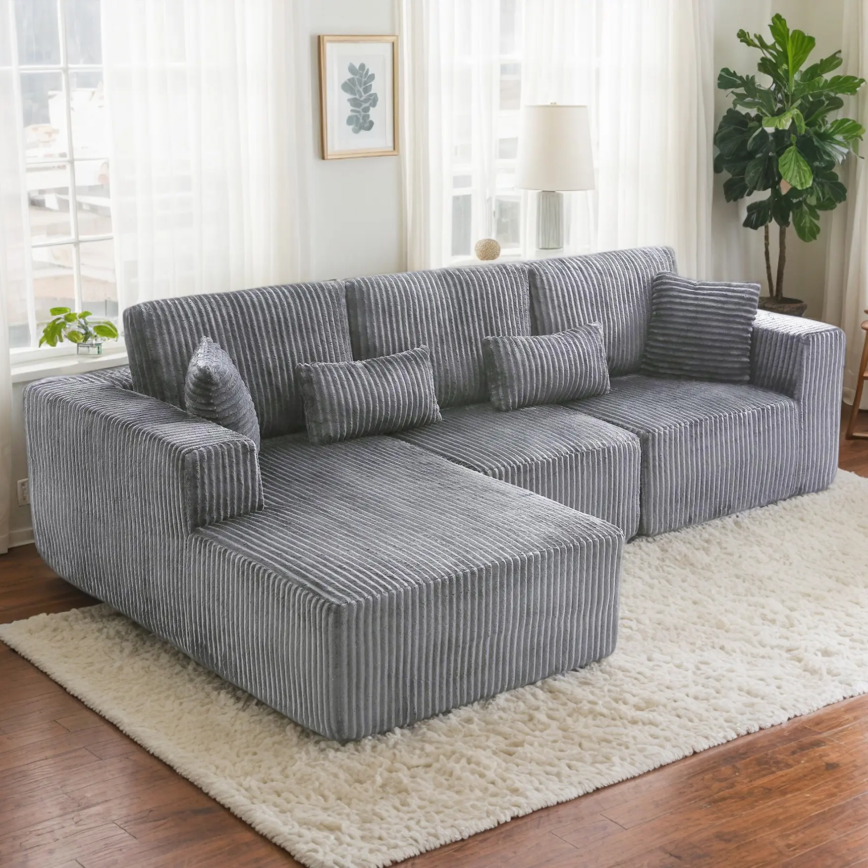 Eyisean 109-in L-Shaped Boneless Comfy Couch - Durable Corduroy Foam Cloud Modular Sectional Sleeper Sofa with Chaise, 3-Seat Deep Seat, Pre-Assembled DIY Combination for Large Spaces & Various Room Types, Boneless Modular Sofa
