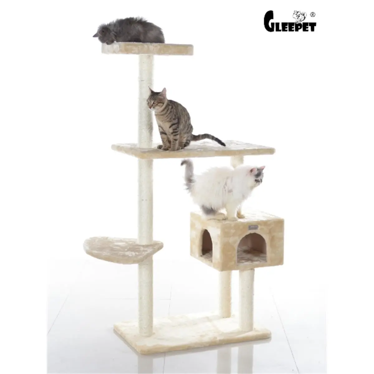 212 MAIN 57-Inch Beige Real Wood Cat Tree - Pet Furniture with Playhouse, Perches, Scratcher, and Scratcher Board