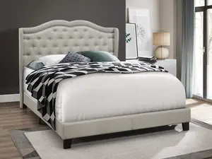 Favorer Aden Classic Style Upholstered Panel Bed with Button Tufted Headboard and Nailhead Trim, Available in Warm Gray and Gray