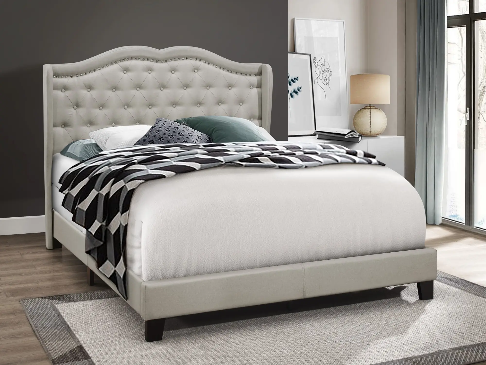 Favorer Aden Classic Style Upholstered Panel Bed with Button Tufted Headboard and Nailhead Trim, Available in Warm Gray and Gray