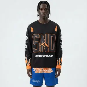 SnowDay Long-sleeve Flame Jersey - Black with Orange Flames and Mountain Design for Men