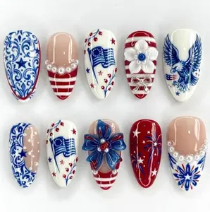 Luxury 4th of July Press On Nails, American Flag Patriotic Nail Set, Red Blue White Pearl Star Celebration Nails, Festive Aesthetic Nail Set,Custom Nails For Women, Party, Holiday Nails