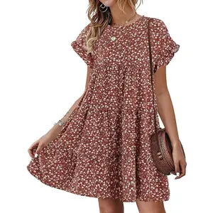 FMEYOA Womens Ruffles Boho Floral Printed Babydoll Loose Swing Casual Short Mini T-Shirt Dress